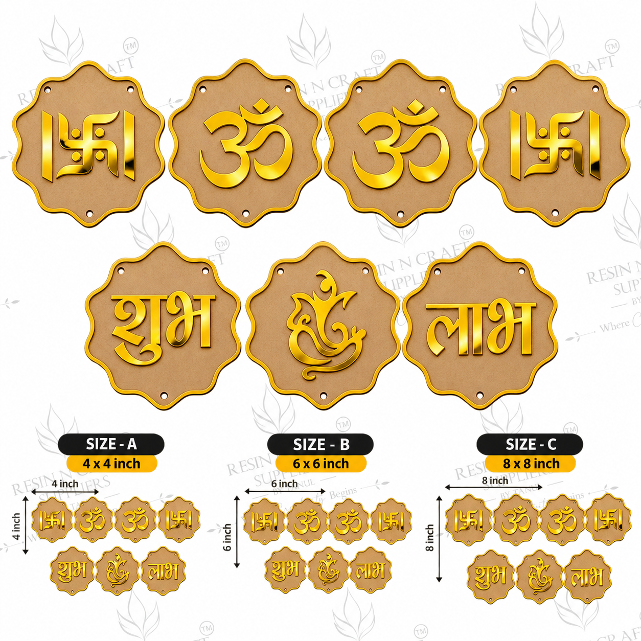 MDF Cutout for Hanging, Latkan & Toran – Pack of 7 | Shubh Labh Om Swastik Ganesh MDF & Golden Acrylic Décor | 3 Sizes – RBT003D