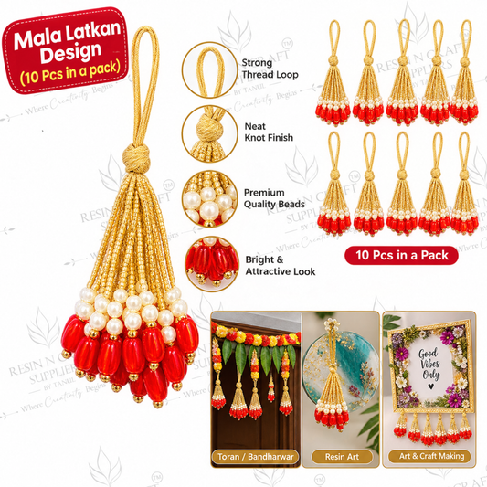 Mala Latkan 10 Pcs Pack – Golden Thread & Red Pearl Beaded Latkan | Toran, Bandhanwar & Craft Decoration