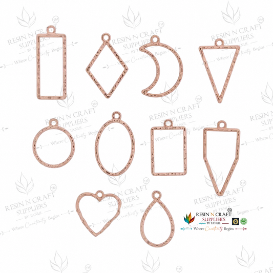 10 in 1 Rose Gold Embossed Open Bezel Set | Mixed Shape UV Resin Pendant Frames | Metal Jewellery Making Charms | 10 Pieces