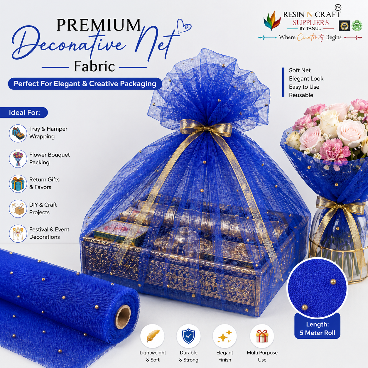 Royal Blue Premium Pearl Decorative Net Fabric Roll 5 Meter (PN-03)