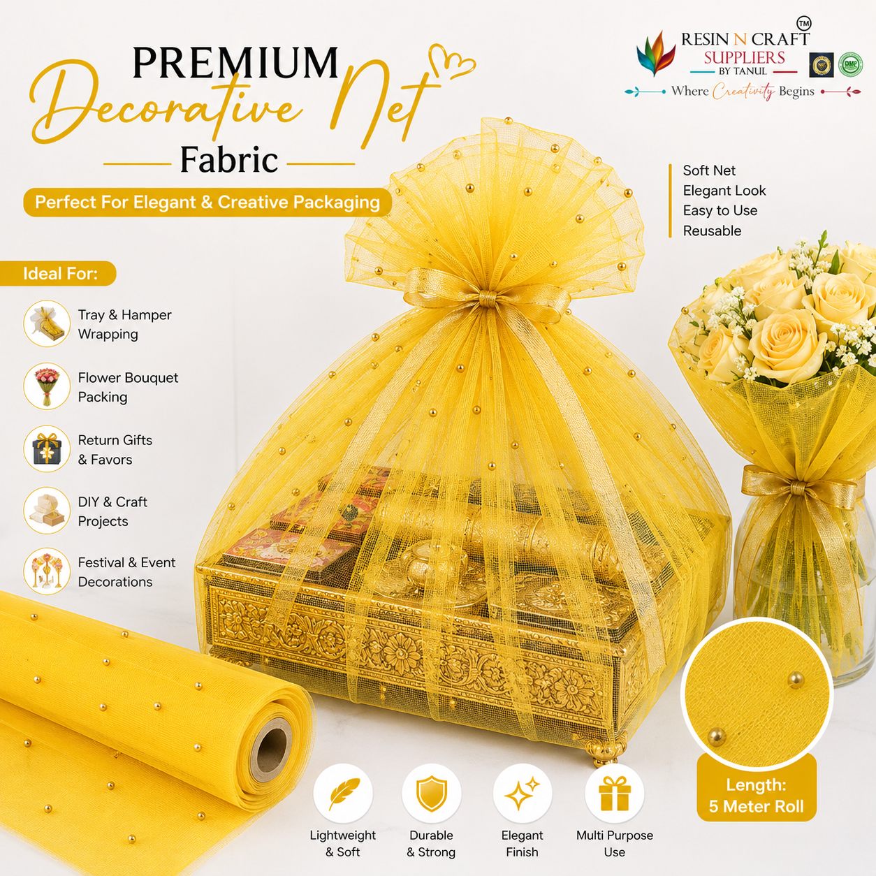 Mustard Yellow Premium Pearl Decorative Net Fabric Roll – 5 Meter (PN-08)