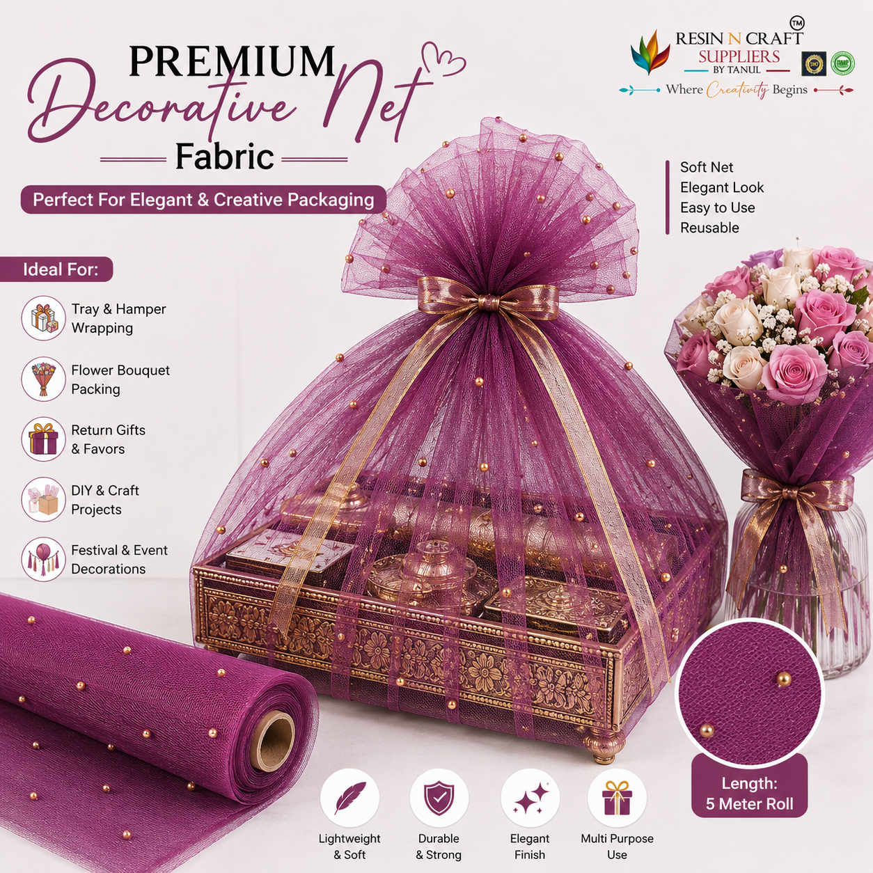 Wine Purple Premium Pearl Decorative Net Fabric Roll – 5 Meter (PN-07)