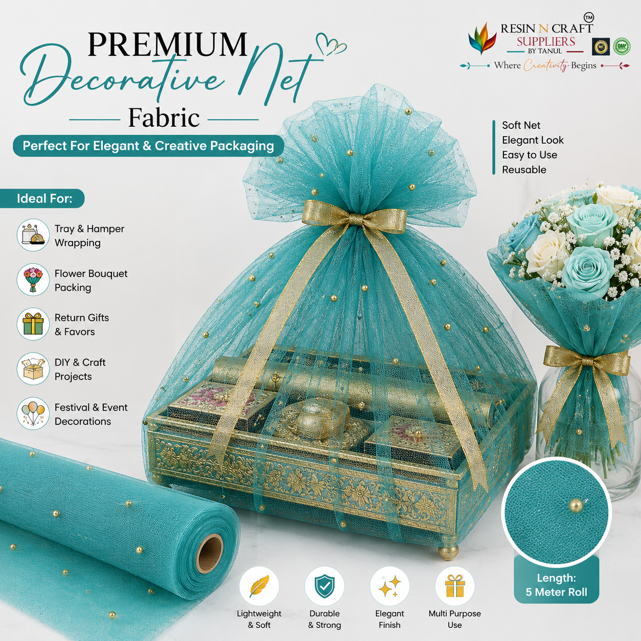 Teal Blue Premium Pearl Decorative Net Fabric Roll – 5 Meter (PN-01)