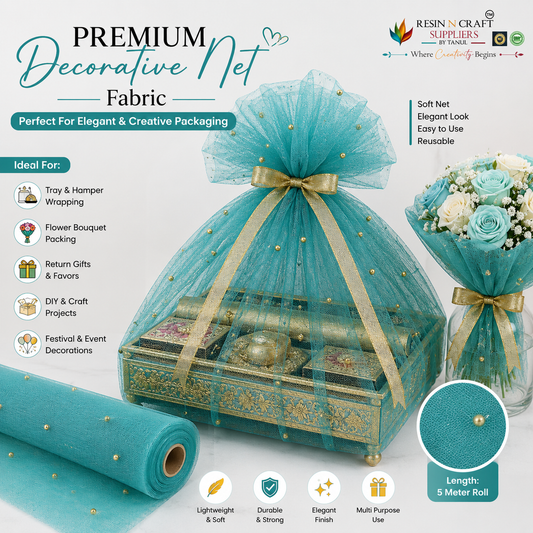 Teal Blue Premium Pearl Decorative Net Fabric Roll – 5 Meter (PN-01)