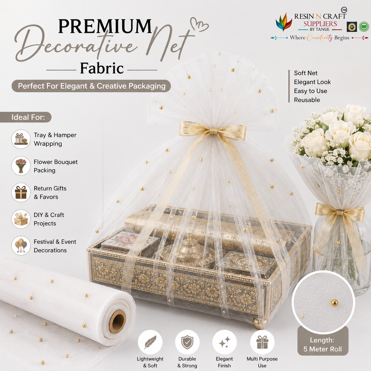 White Premium Pearl Decorative Net Fabric Roll – 5 Meter (PN-04)