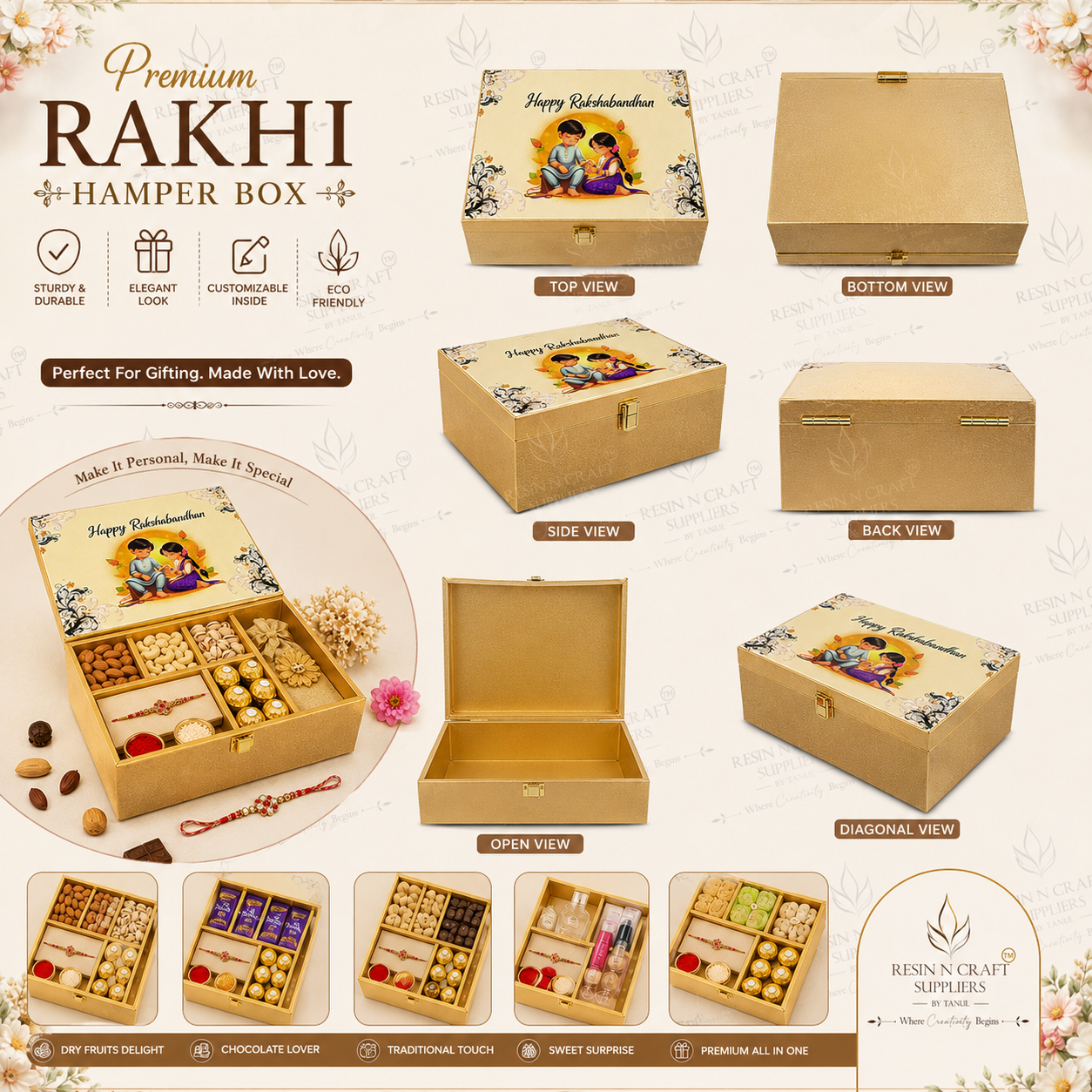 Premium Rakhi Hamper Box | Golden Gift Box | 8 Inch × 9.5 Inch × 4 Inch (Deep)