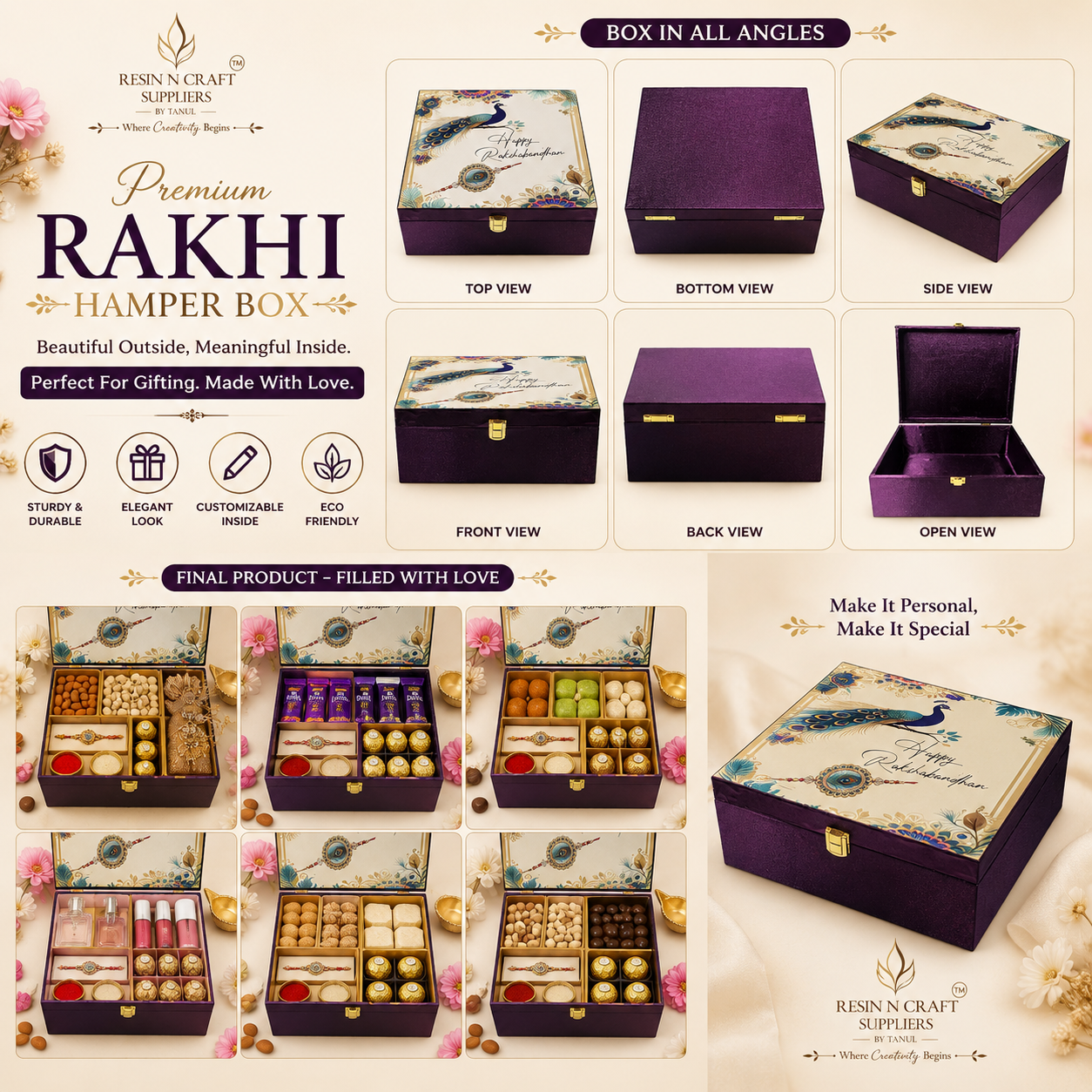 Premium Peacock Theme Rakhi Hamper Box | Luxury Purple Gift Box with Metal Lock  8 Inch × 9.5 Inch × 4 Inch (Deep)