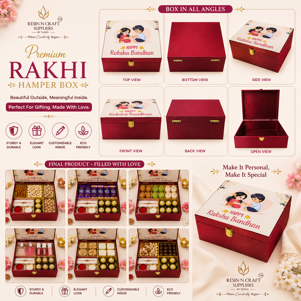 Premium Red Rakhi Hamper Box | Brother & Sister Theme Luxury Gift Box  8 Inch × 9.5 Inch × 4 Inch (Deep)