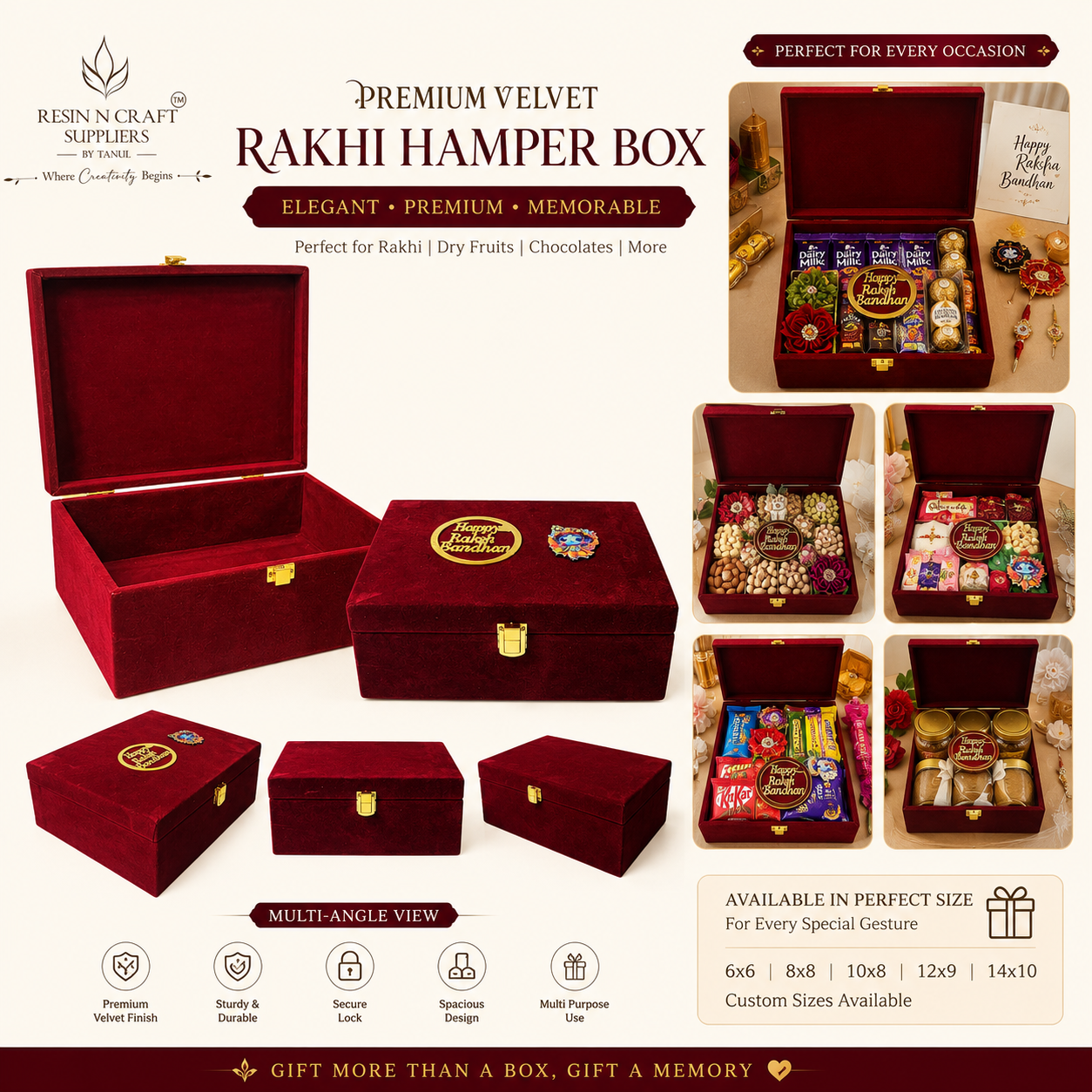 Premium Velvet Rakhi Hamper Box | Red Maroon Festive Gift Box   8 Inch × 9.5 Inch × 4 Inch (Deep)