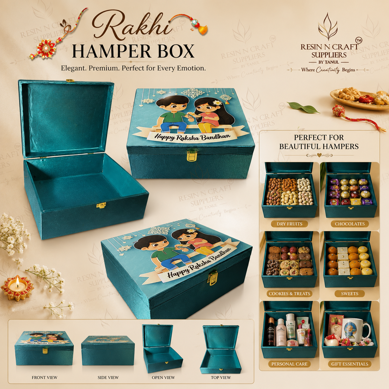 Premium Teal Rakhi Hamper Box | Brother & Sister Theme Gift Box 8 Inch × 9.5 Inch × 4 Inch (Deep)