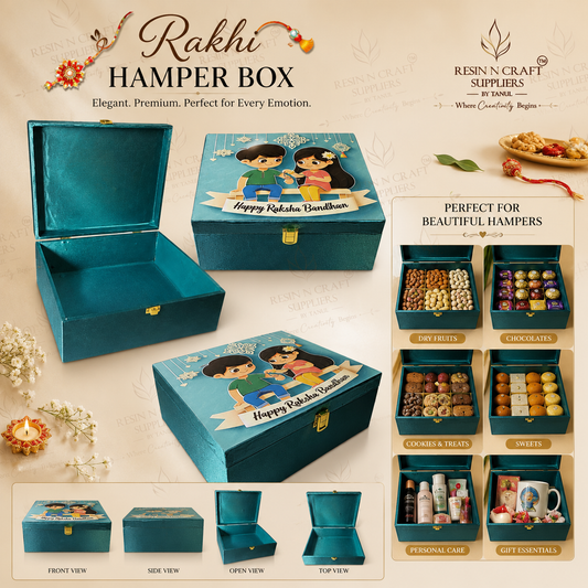 Premium Teal Rakhi Hamper Box | Brother & Sister Theme Gift Box 8 Inch × 9.5 Inch × 4 Inch (Deep)