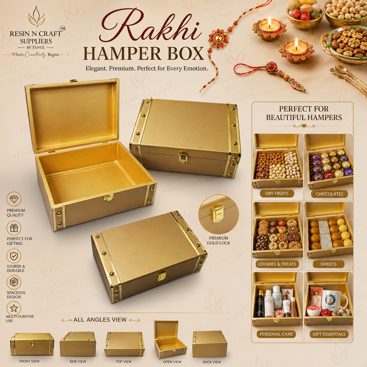 Premium Gold Luxury Rakhi Hamper Box | Metal Corner Gift Box Trunk 8 Inch × 9.5 Inch × 4 Inch (Deep)