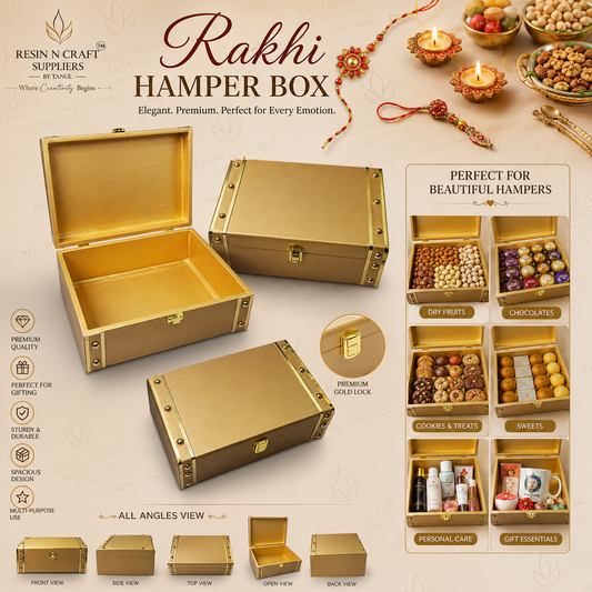 Premium Gold Luxury Rakhi Hamper Box | Metal Corner Gift Box Trunk 8 Inch × 9.5 Inch × 4 Inch (Deep)