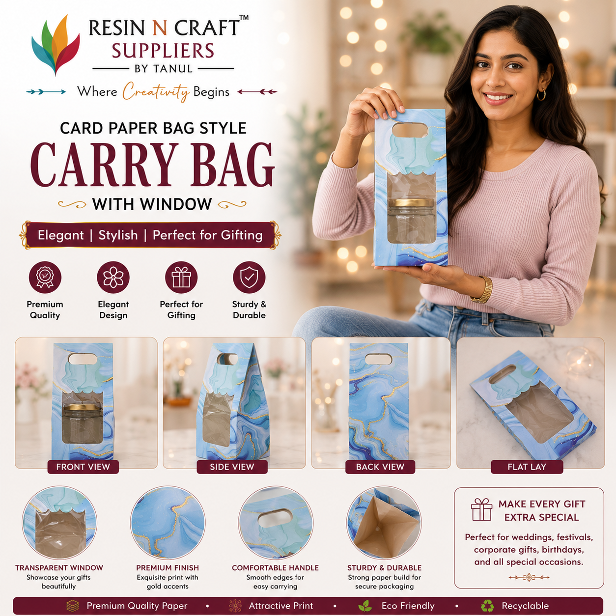 Carry Bag with Window – Card Paper Bag Style (Blue Marble Design)