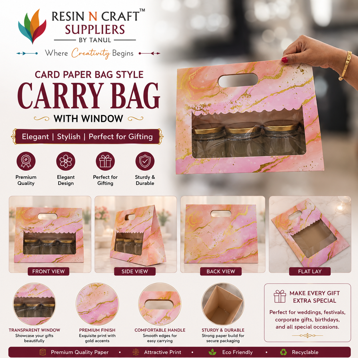 Carry Bag with Window – Card Paper Bag Style (Pink Marble Design)