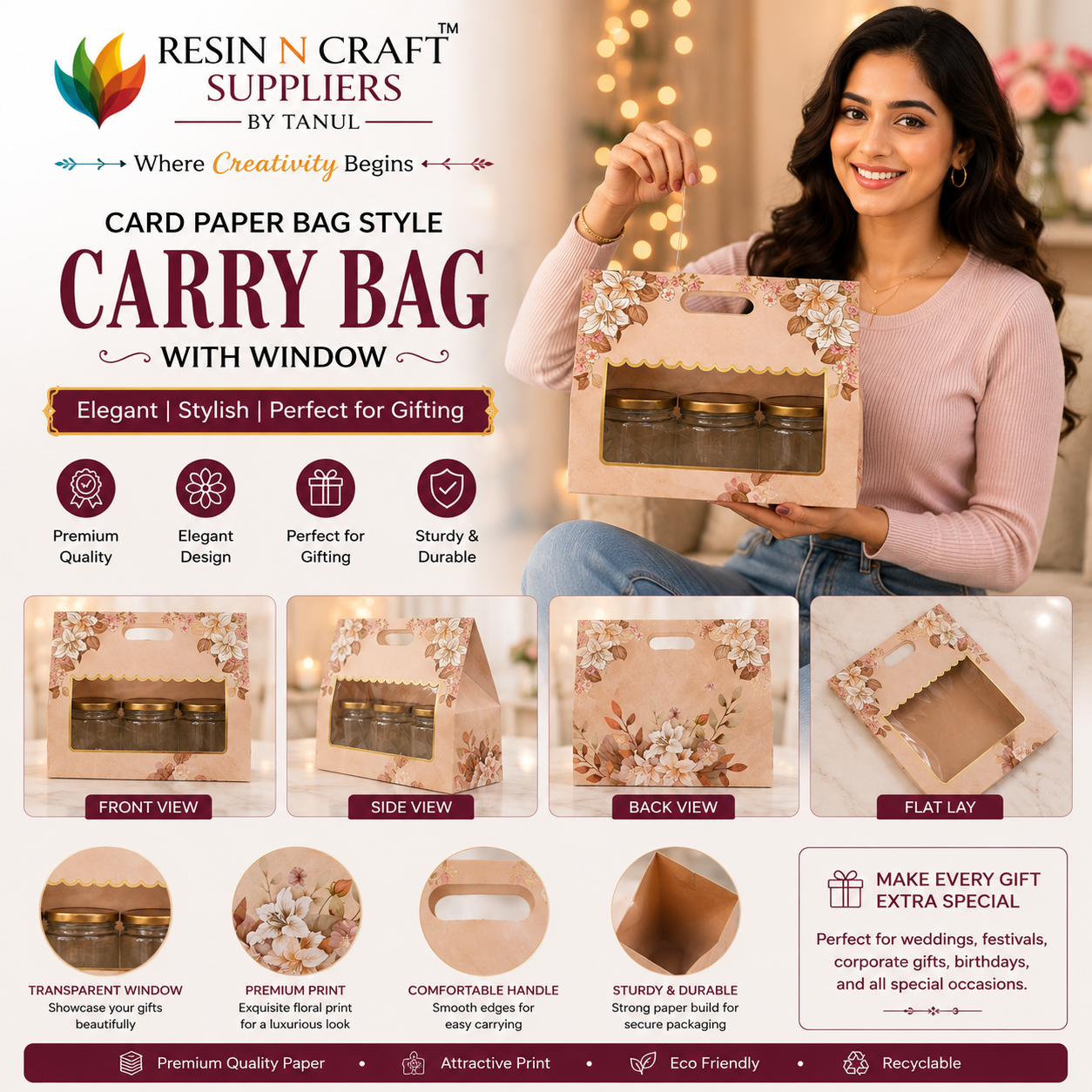 Carry Bag with Window – Floral Design Gift Packaging