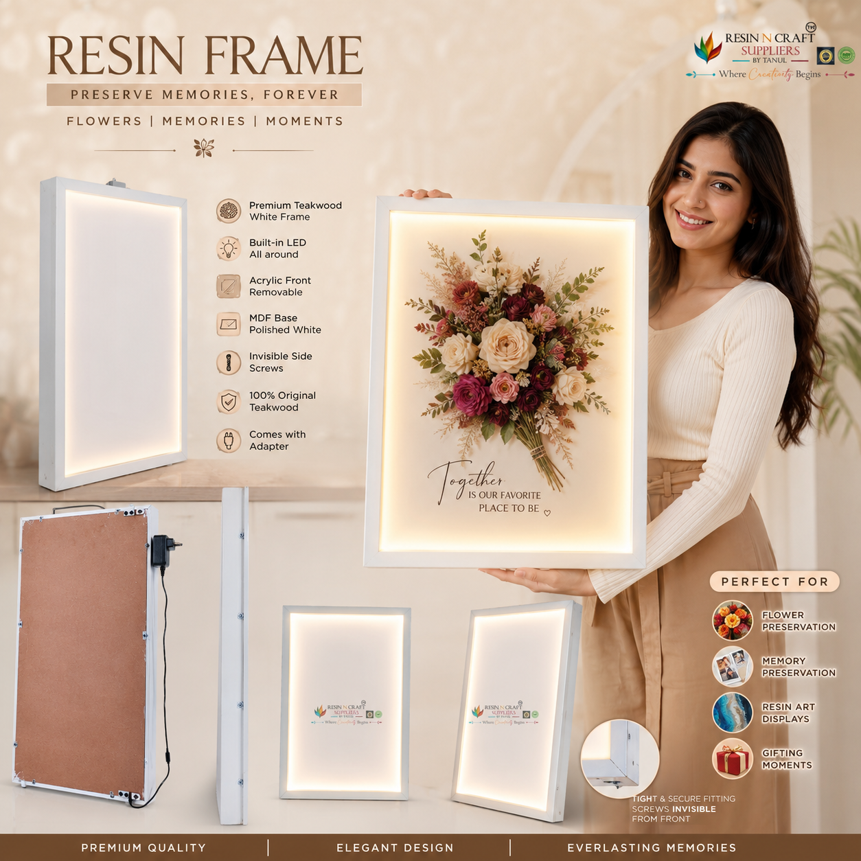16" x 24" White Teakwood Frame with acrylic cover and mdf base