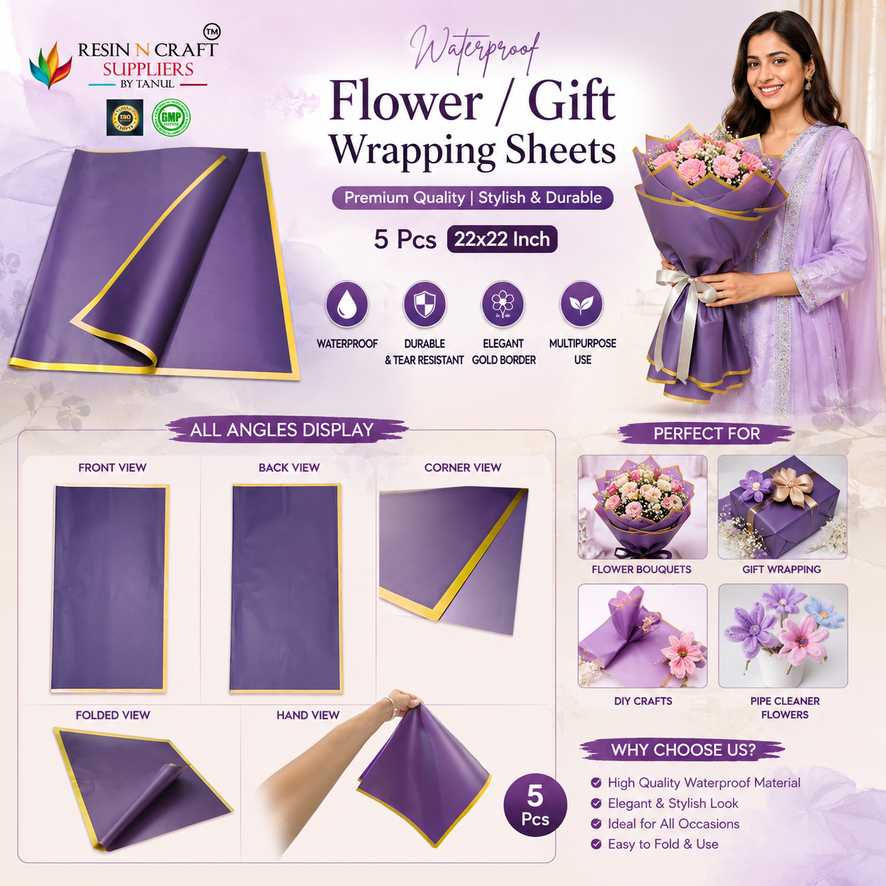 Purple with Golden Border Waterproof Flower / Gift Wrapping Sheets – 5 Pcs (22×22 Inch) / Packing Sheet