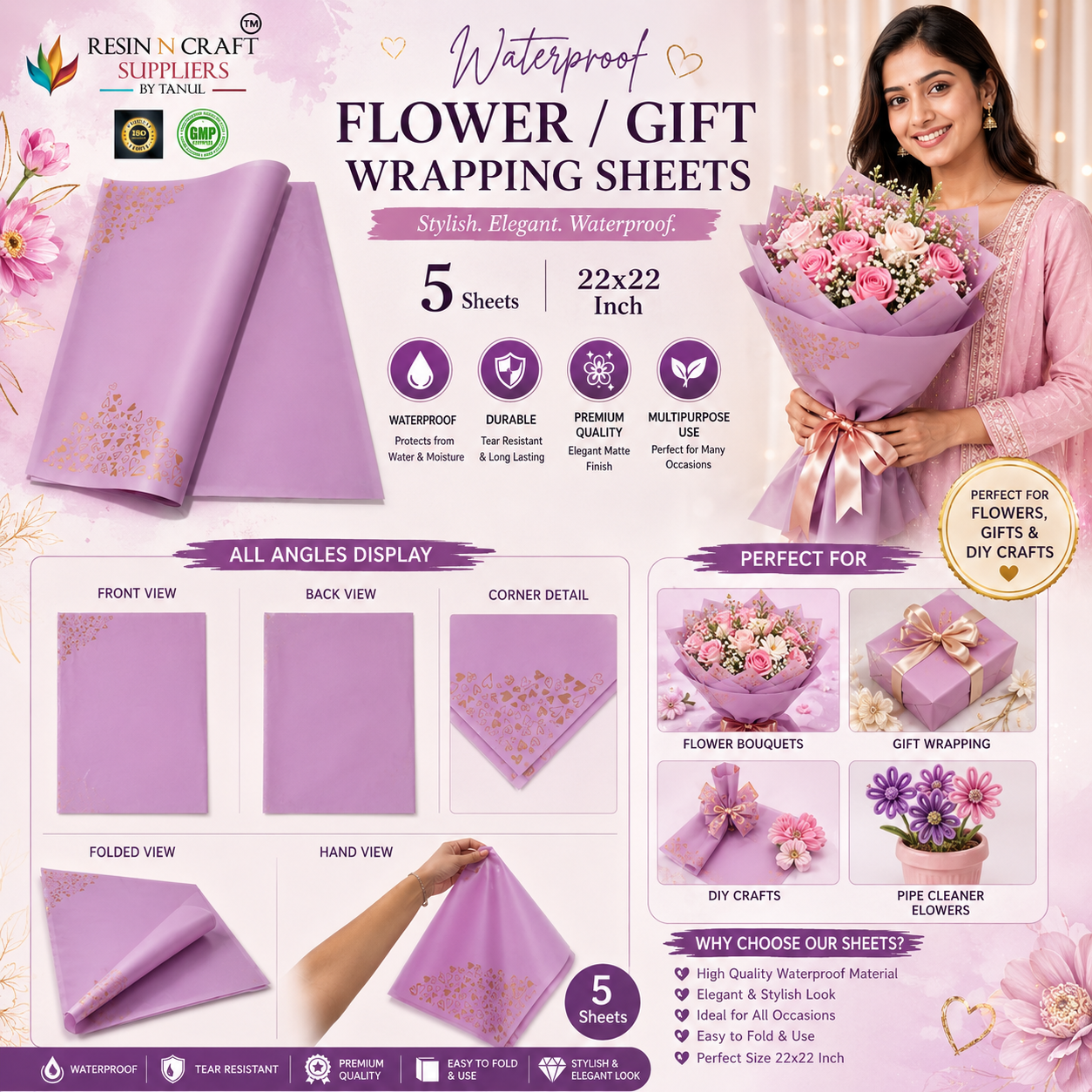 Lavender Pink with Gold Heart Design Waterproof Flower / Gift Wrapping Sheets – 5 Pcs (22×22 Inch) / Packing Sheet