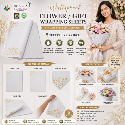 White with Gold Heart Design Waterproof Flower / Gift Wrapping Sheets – 5 Pcs (22×22 Inch) / Packing Sheet