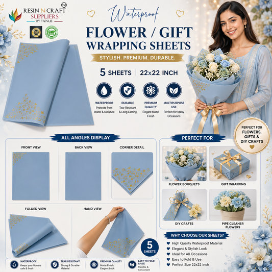 Sky Blue with Gold Heart Design Waterproof Flower / Gift Wrapping Sheets – 5 Pcs (22×22 Inch) / Packing Sheet