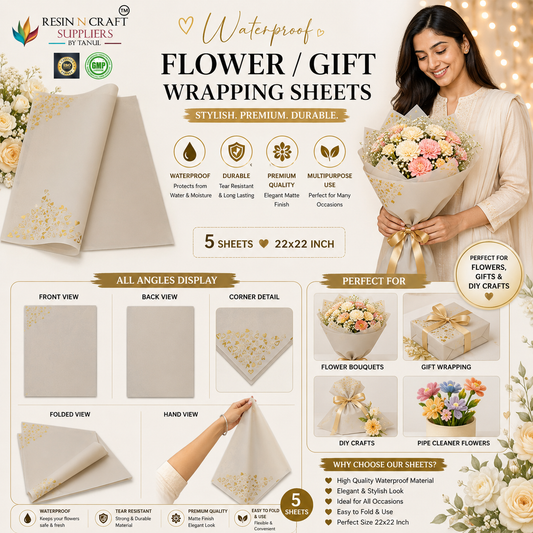Ivory Cream with Gold Heart Design Waterproof Flower / Gift Wrapping Sheets – 5 Pcs (22×22 Inch) / Packing Sheet