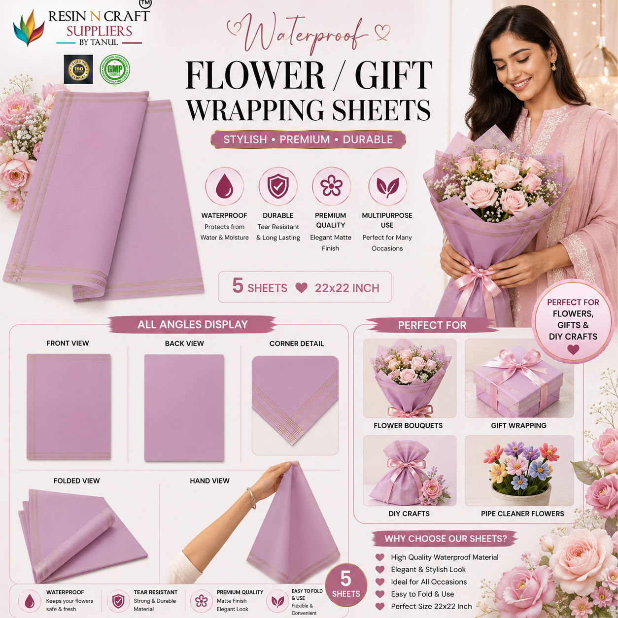Pastel Pink with Gold Border Waterproof Flower / Gift Wrapping Sheets – 5 Pcs (22×22 Inch) / Packing Sheet