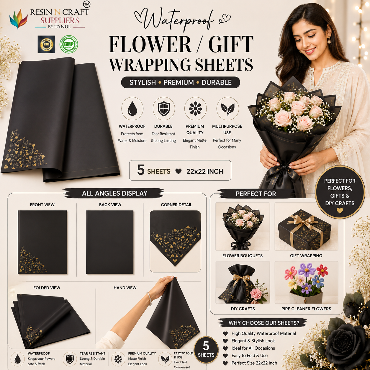 Black Heart Design Waterproof Flower / Gift Wrapping Sheets – 5 Pcs (22×22 Inch) / Packing Sheet