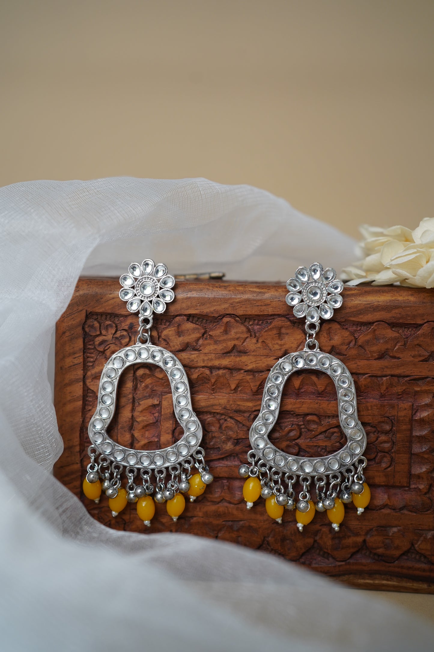 Silver Earring Bezel / Jumkha with Beads & Mirror