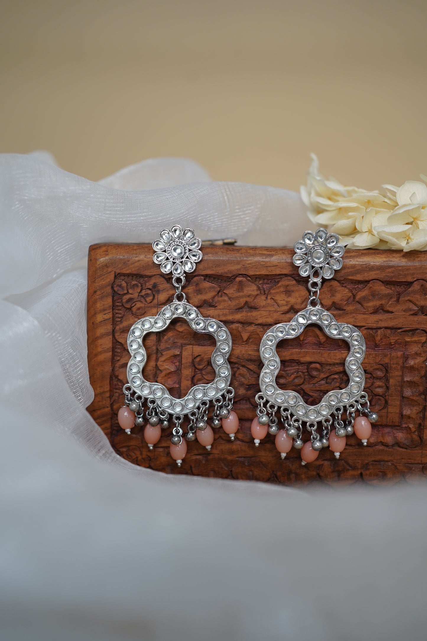 Silver Earring Bezel / Jumkha with Beads & Mirror