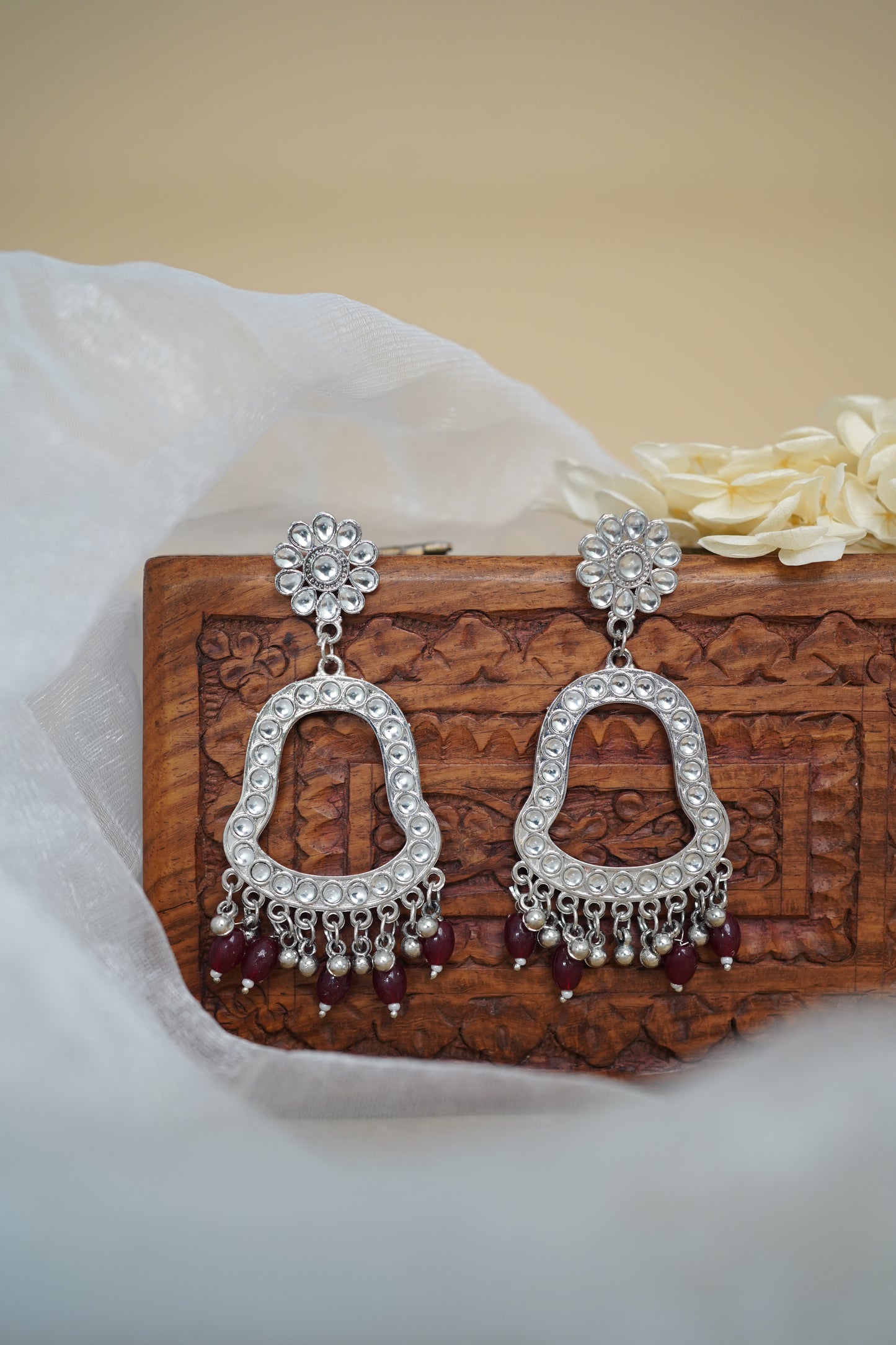 Silver Earring Bezel / Jumkha with Beads & Mirror