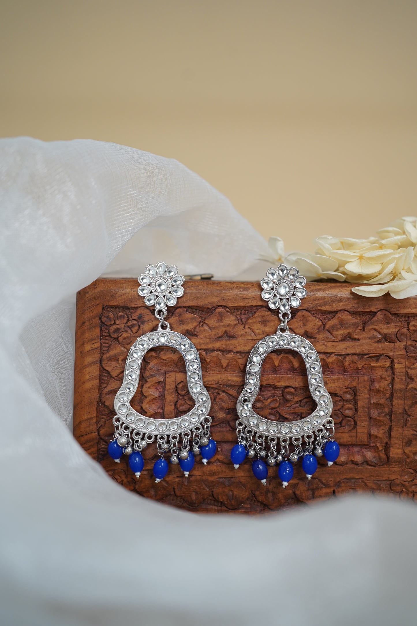 Silver Earring Bezel / Jumkha with Beads & Mirror
