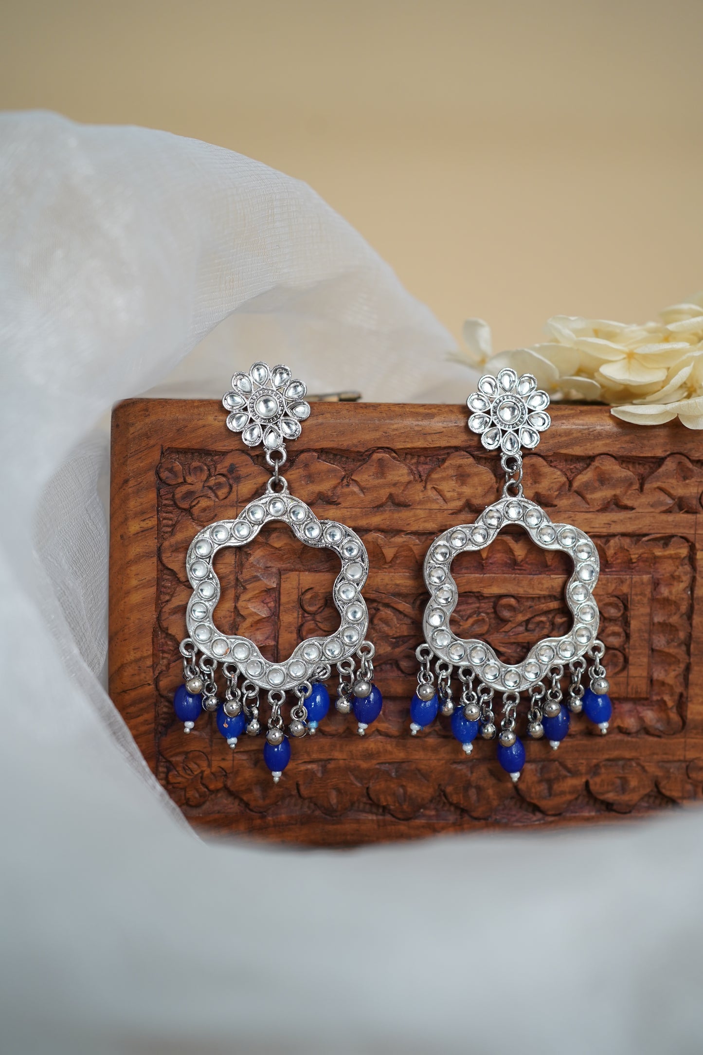 Silver Earring Bezel / Jumkha with Beads & Mirror