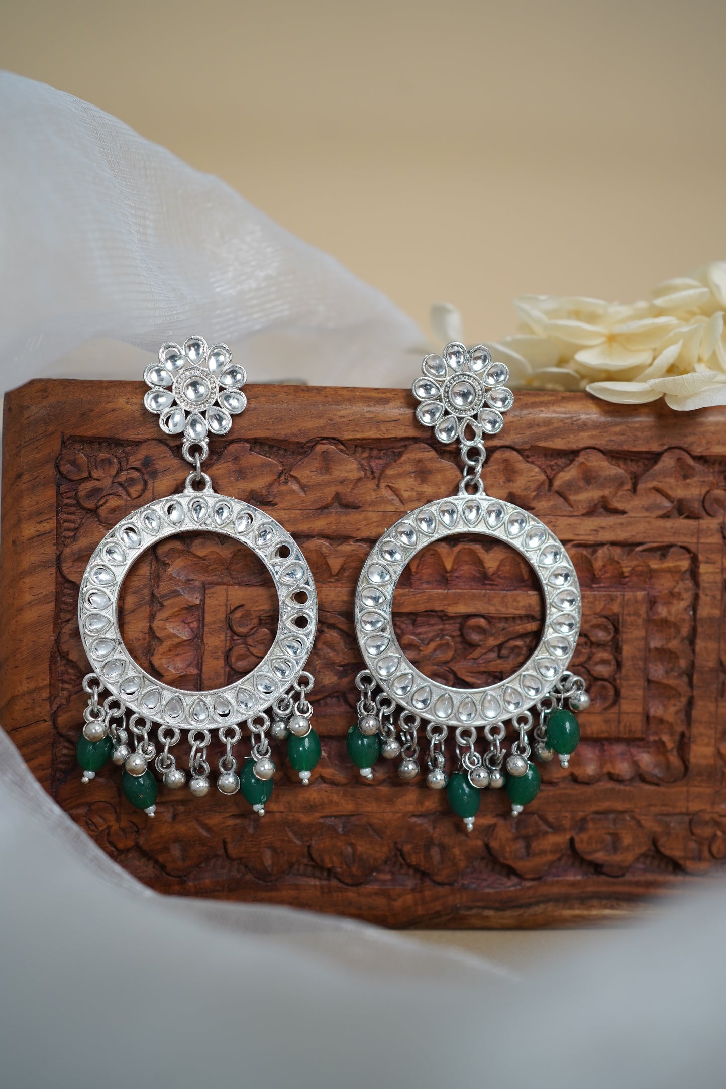 Silver Earring Bezel / Jumkha with Beads & Mirror