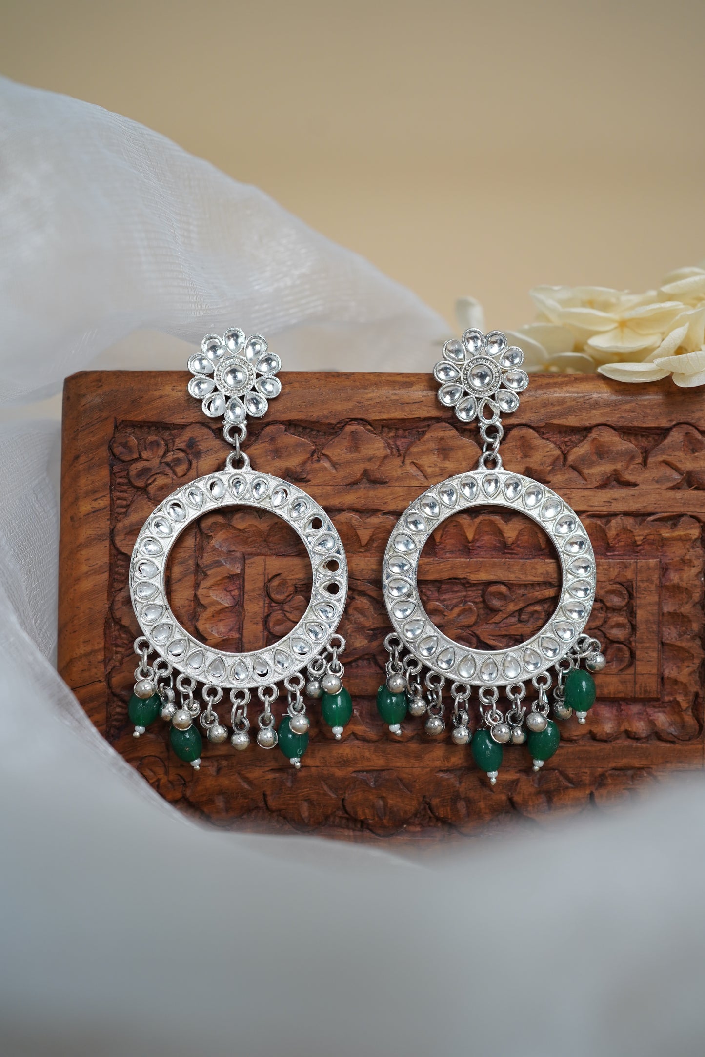 Silver Earring Bezel / Jumkha with Beads & Mirror