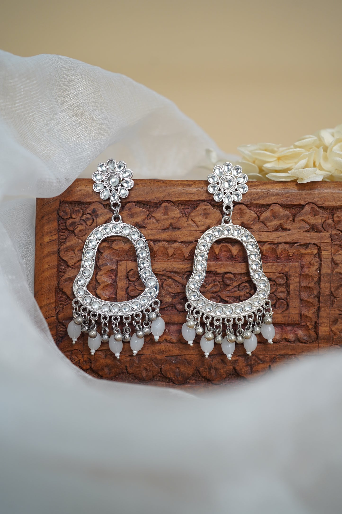 Silver Earring Bezel / Jumkha with Beads & Mirror