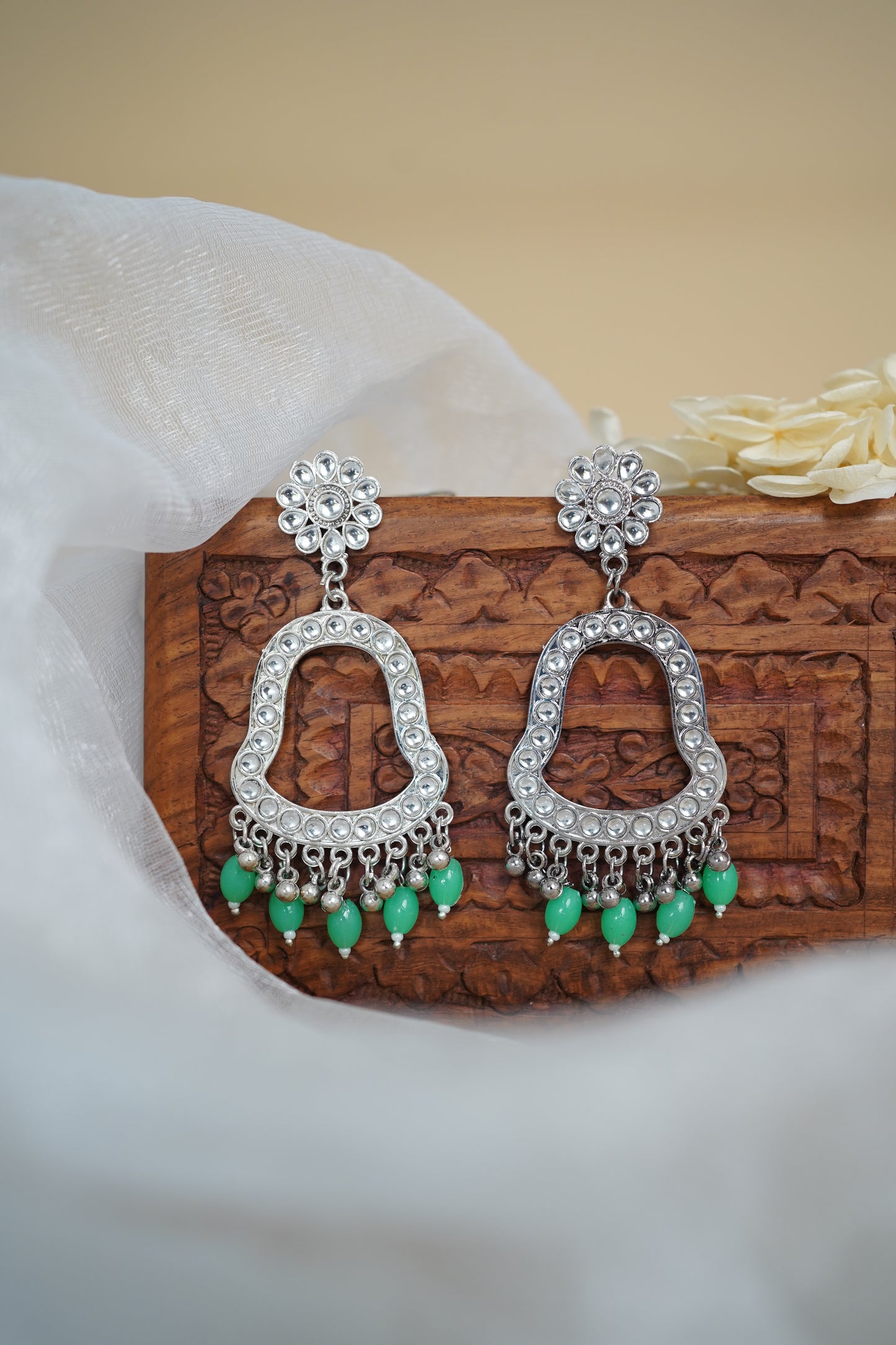 Silver Earring Bezel / Jumkha with Beads & Mirror