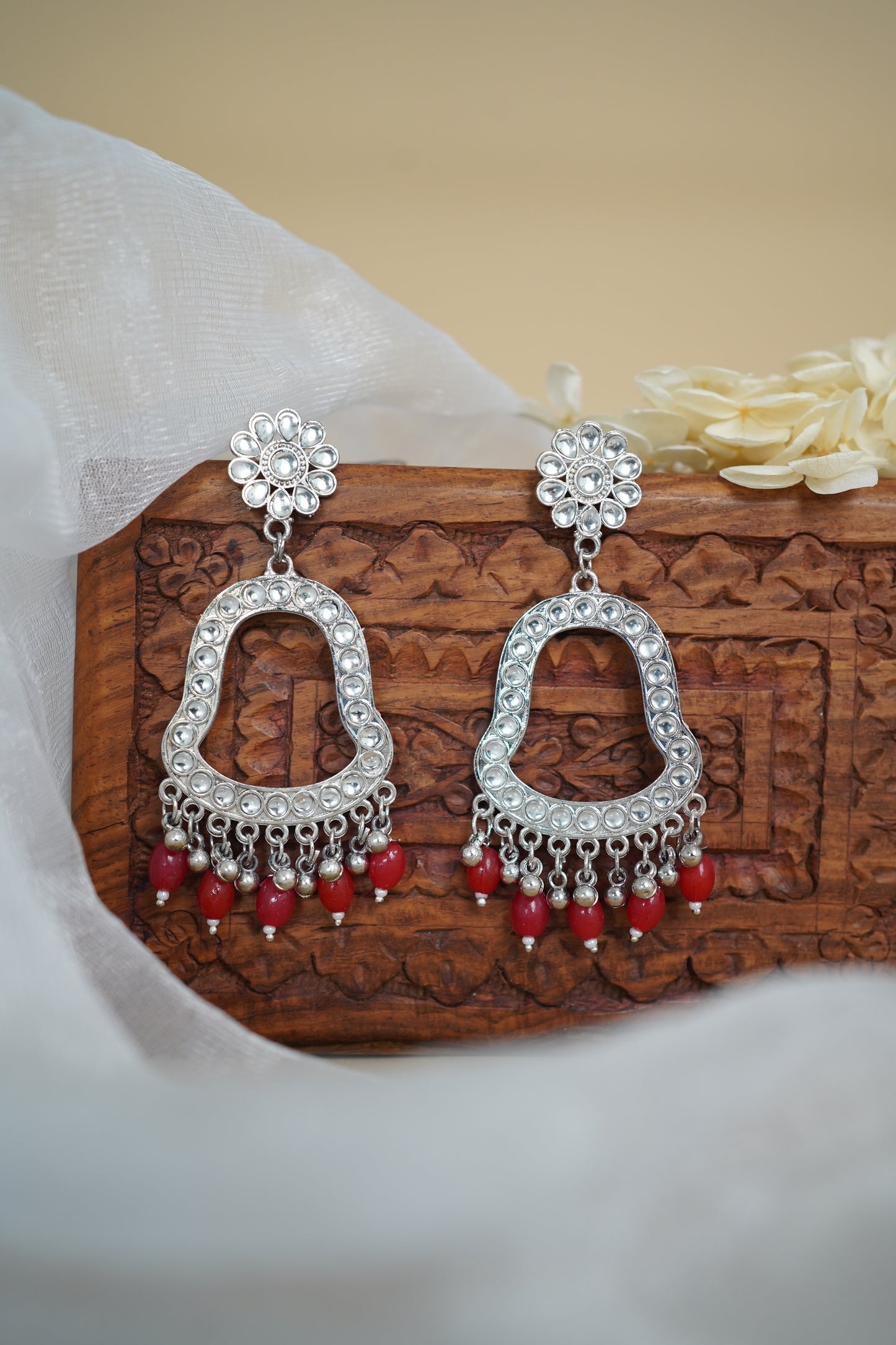 Silver Earring Bezel / Jumkha with Beads & Mirror