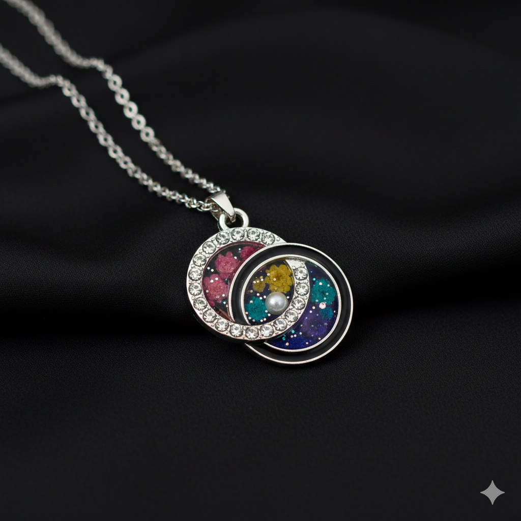 5Pcs Interlinked Round Charm Bezels With Black Enamel. (RBZ291) (SILVER)