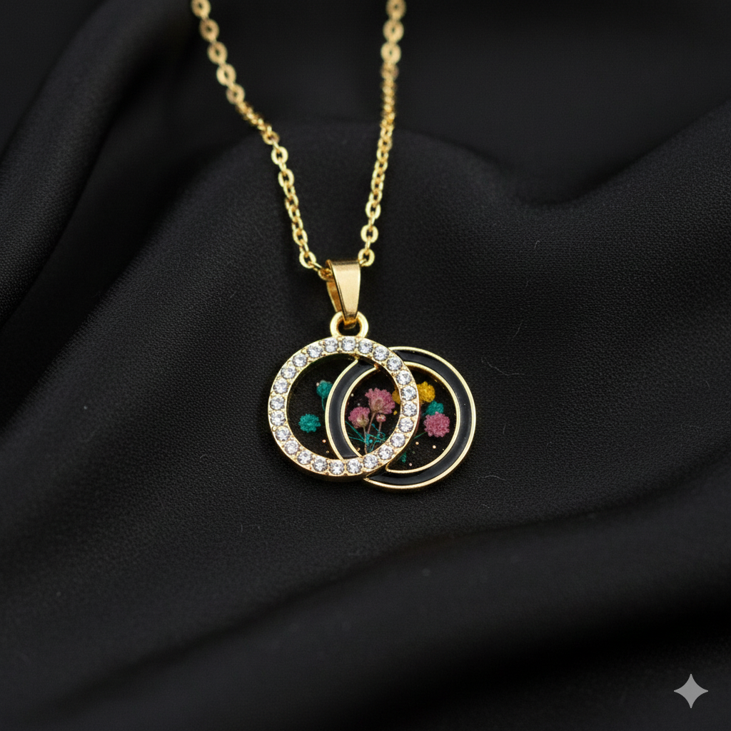 5Pcs Interlinked Round Charm Bezels With Black Enamel.(RBZ290) (GOLD)