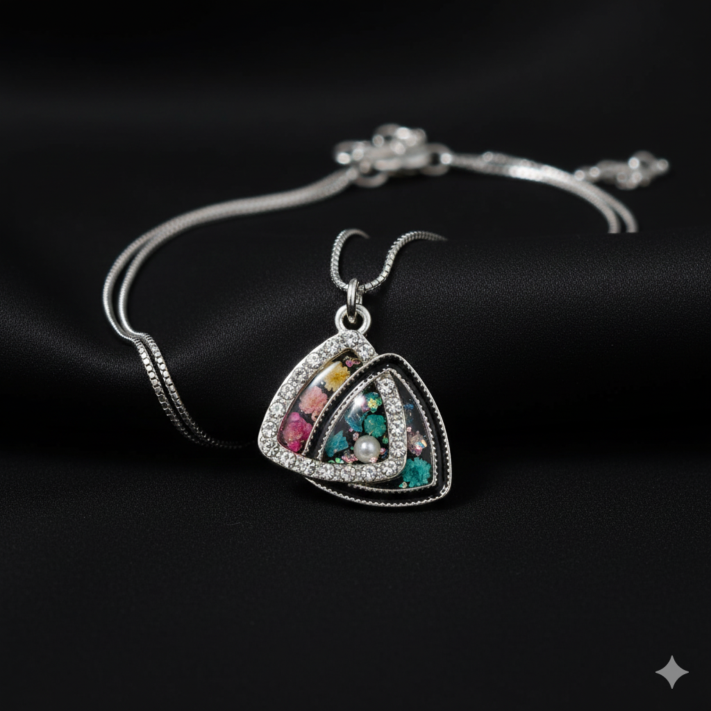 5Pcs Interlinked Triangle Charm Bezels With Black Enamel. (RBZ297) (SILVER)