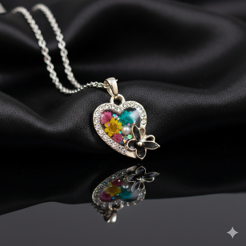 5Pcs Heart With Butterfly Charm Bezels With Black Enamel.(RBZ288) (SILVER)