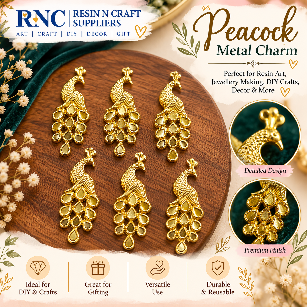 Gold Peacock Metal Charm for Jewellery Making, Resin Art & DIY Crafts