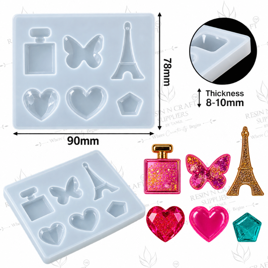 6-in-1 Parisian Love Collection Silicone Mould – Perfume, Butterfly, Eiffel Tower, Heart & Gem Mould