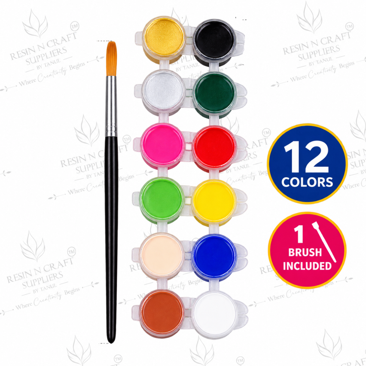 12 in 1 Acrylic Colour Set (Color pots) with Brush | DIY Acrylic Paint Kit for Resin Art, MDF, Canvas, Stone Painting & Craft Projects