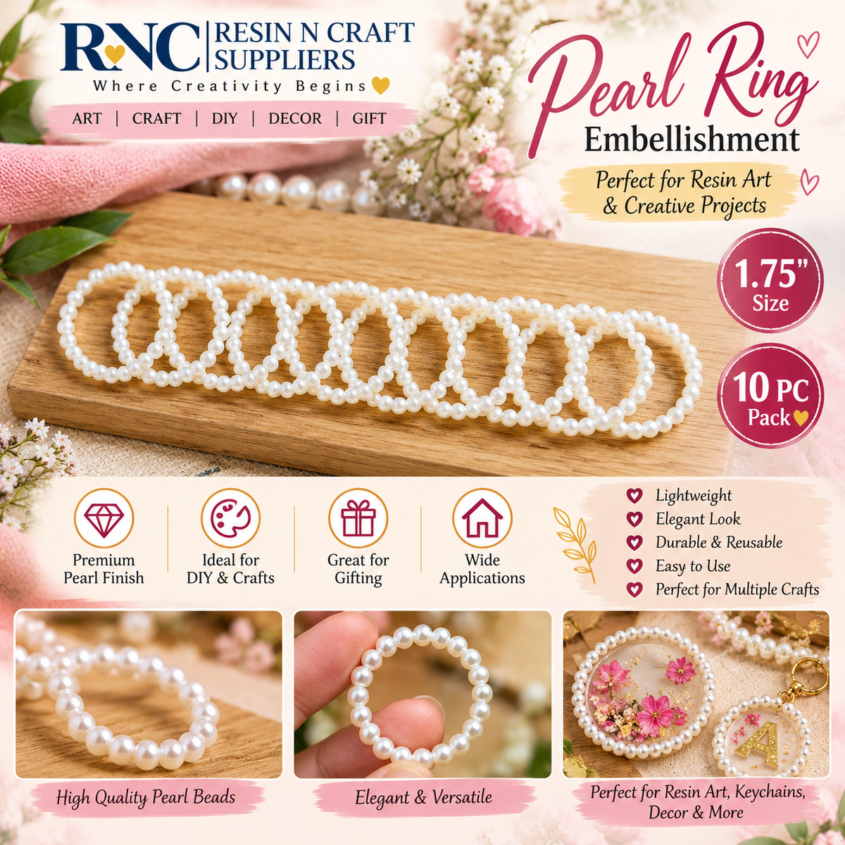 Round Pearl Moti Beads Ring (Approx 1.5 inch) / White Round Pearl Beads Loop for Resin Art & Jewellery Making 10 pcs pack