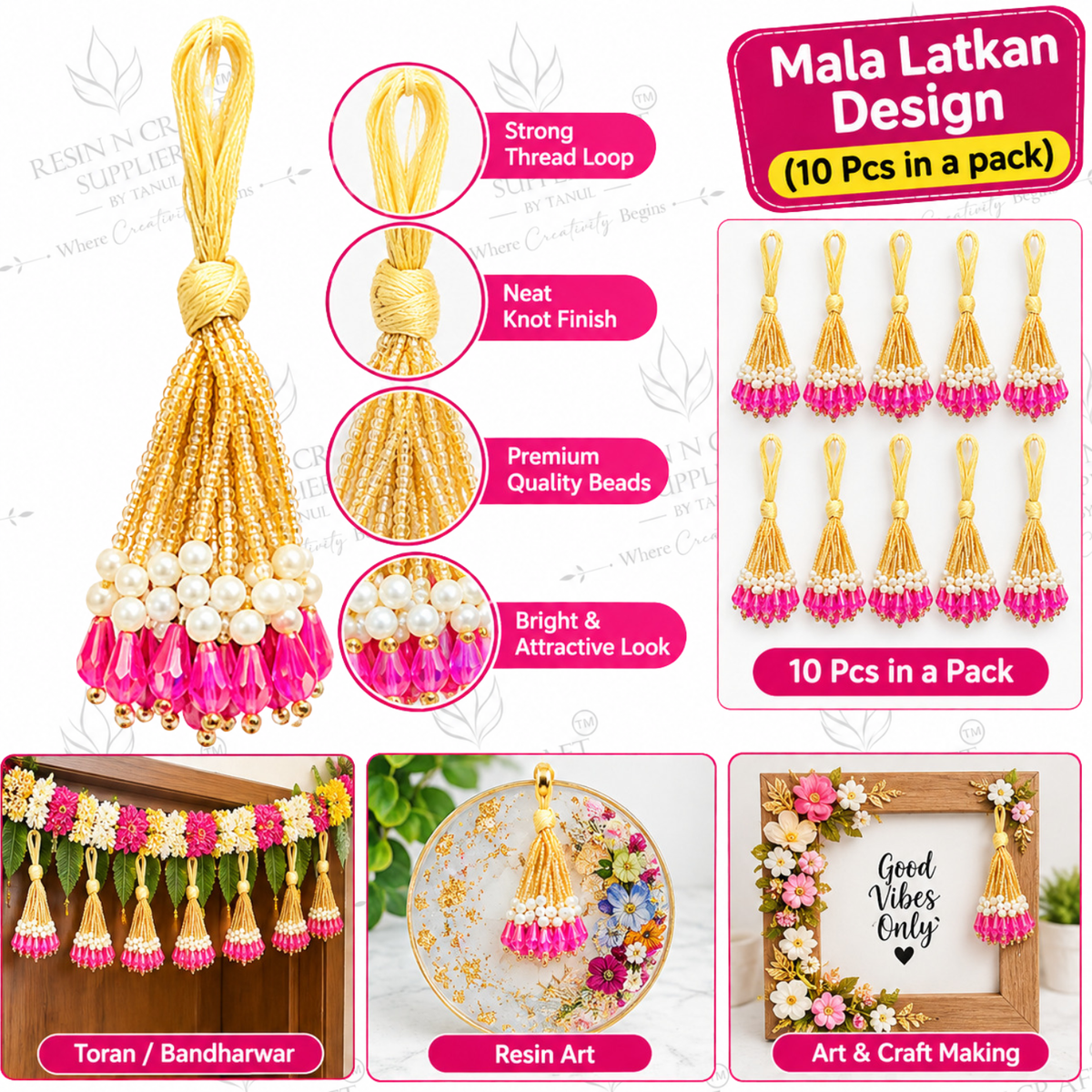 Pink Crystal Mala Latkan 10 Pcs Pack – Golden Beaded Latkan with Pearl & Pink Beads for Toran, Bandhanwar & DIY Craft