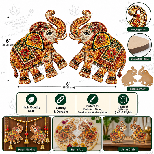 Elephant MDF Cutout Pair 6×6 Inch – Pack of 2 | Left & Right Elephant Design for Resin Art, Toran, Bandhanwar & Home Décor