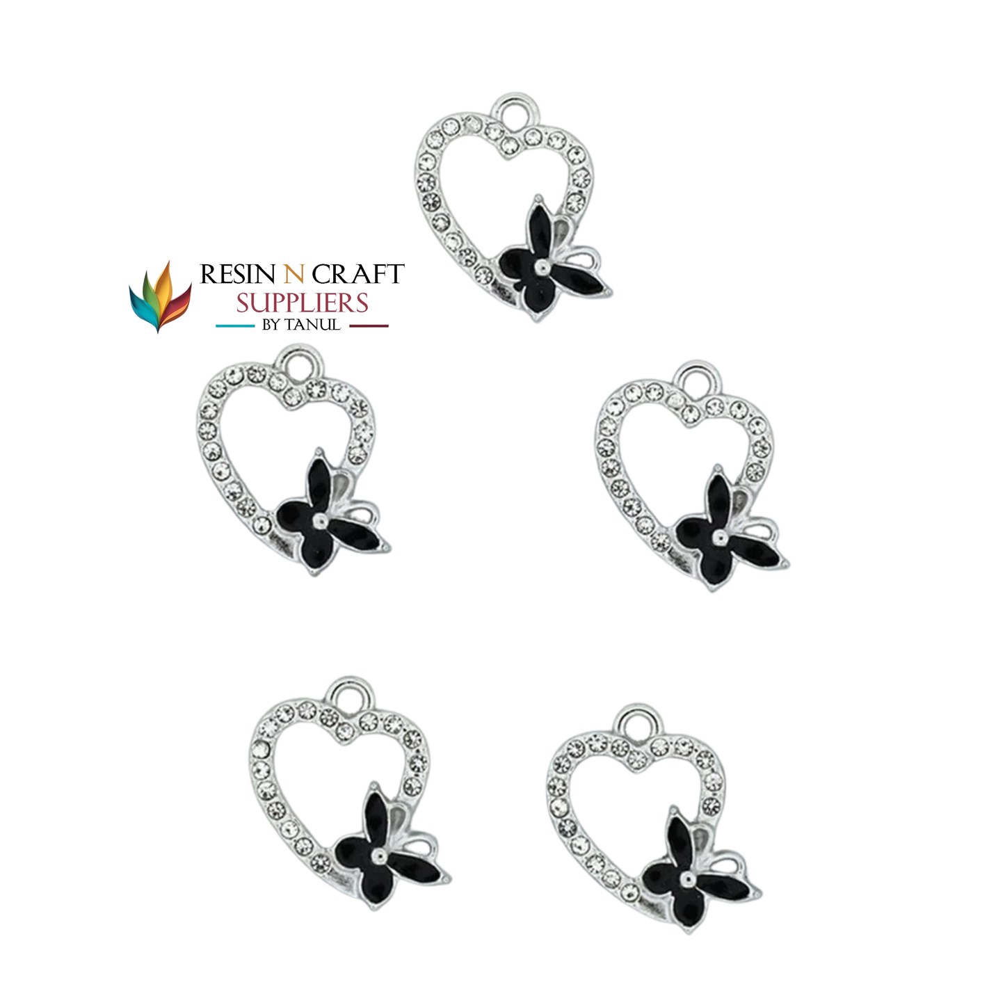 5Pcs Heart With Butterfly Charm Bezels With Black Enamel.(RBZ288) (SILVER)