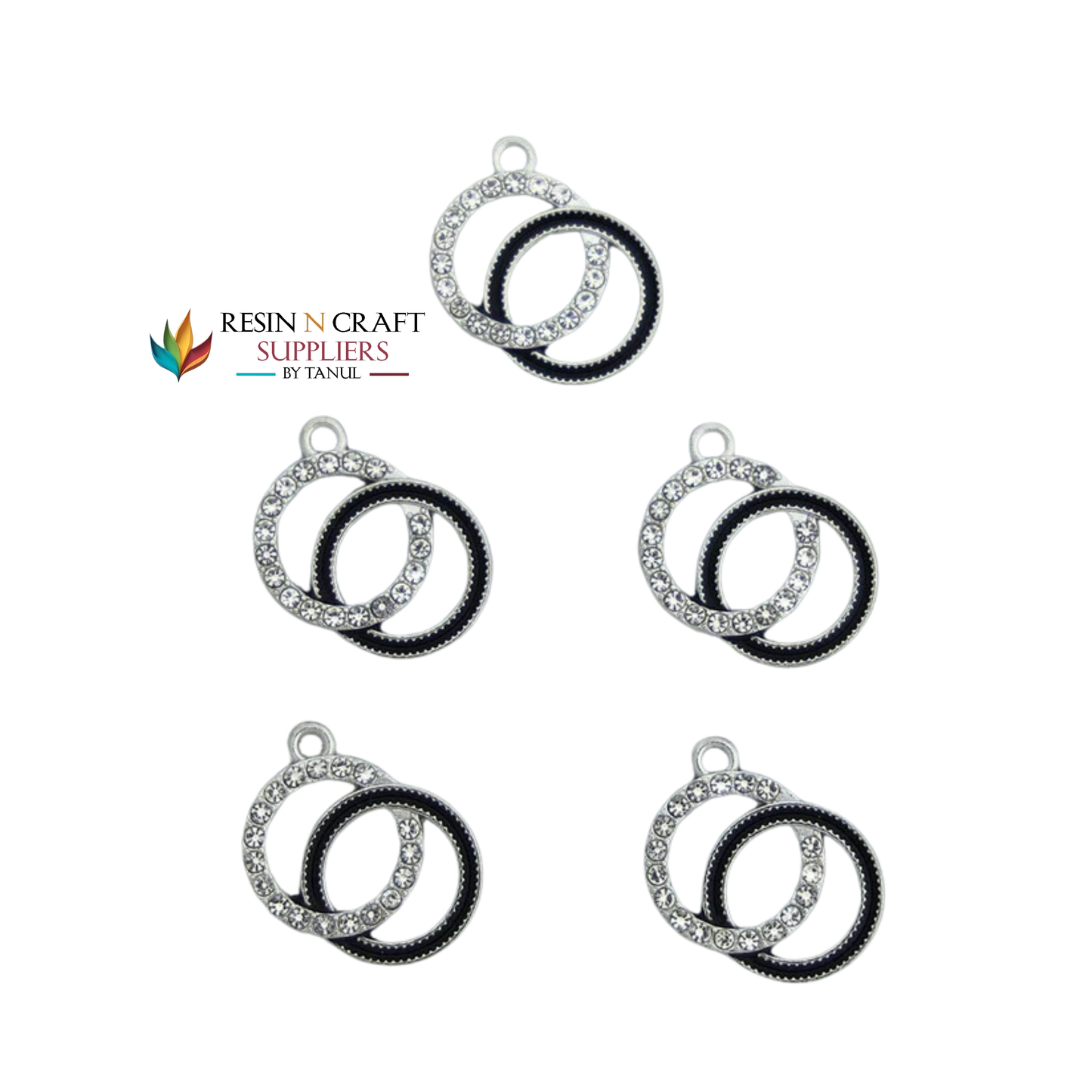 5Pcs Interlinked Round Charm Bezels With Black Enamel. (RBZ291) (SILVER)
